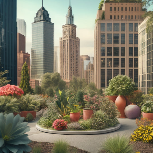 An illustration of a whimsical urban garden in a windy city, with plants and trees bent sideways, pots and planters overturned, and garden ornaments scattered, amidst a backdrop of towering skyscrapers.