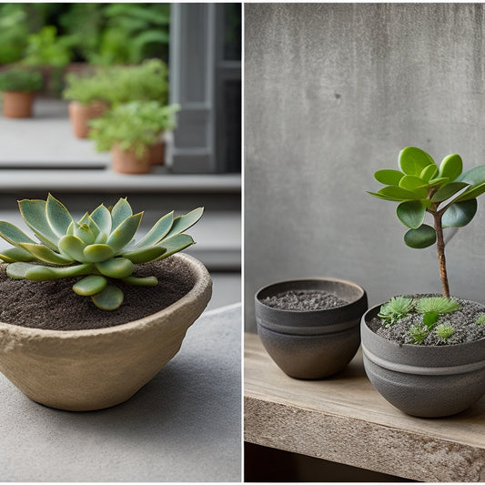 A split-screen image featuring a small, delicate cinder planter with a tiny succulent on a minimalist desk, alongside a large, rustic cinder planter with a lush, overflowing fern on a natural stone patio.