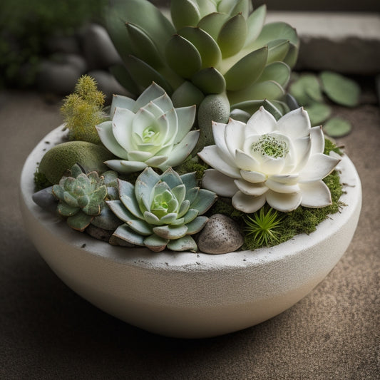 A stylized, overhead shot of a modern, white planter with a unique, geometric design, holding a lush arrangement of varied succulent species amidst small rocks and moss, set against a clean, neutral background.