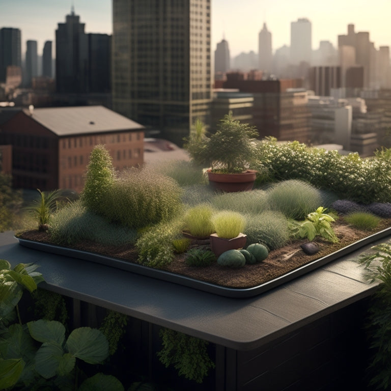 An illustration of a rooftop with lush greenery, showcasing layers of soil, plants, and a waterproofing membrane, with sound waves dampening as they rise from the cityscape below.