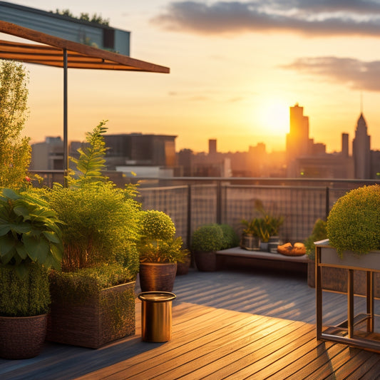 A serene rooftop oasis with lush greenery spilling from modern, sleek planters in varying shapes and sizes, suspended from a rustic wooden trellis, against a warm, golden sunset backdrop.