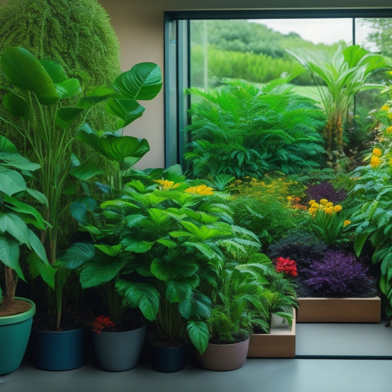 An indoor garden with lush green plants and vibrant flowers, surrounded by sleek, modern smart irrigation system components, including sensors, valves, and a tablet displaying a watering schedule.