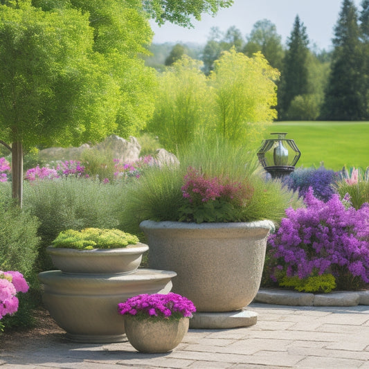 A serene outdoor setting with multiple planters of varying sizes, shapes, and materials, surrounded by lush greenery, colorful blooms, and natural stone, under a sunny sky with a few puffy clouds.