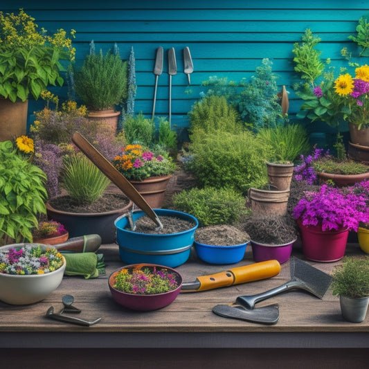 A colorful illustration of a thriving block garden with various plants and flowers, surrounded by a selection of gardening tools, including a trowel, pruners, and gloves, on a wooden table or bench.