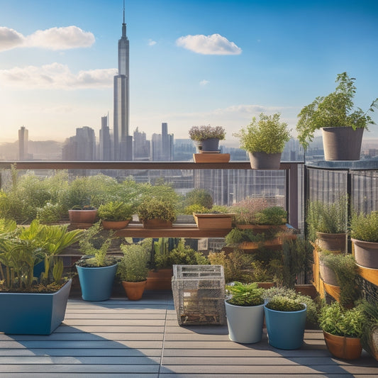 A serene rooftop scene with a compact, tiered planter system, lush green herbs, and a small wooden trellis, set against a soft, blue-gray cityscape background with a few wispy clouds.