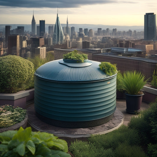 Illustrate a rooftop garden scene with a large, curved rainwater collection tank in the foreground, surrounded by lush greenery, with a subtle cityscape in the background.