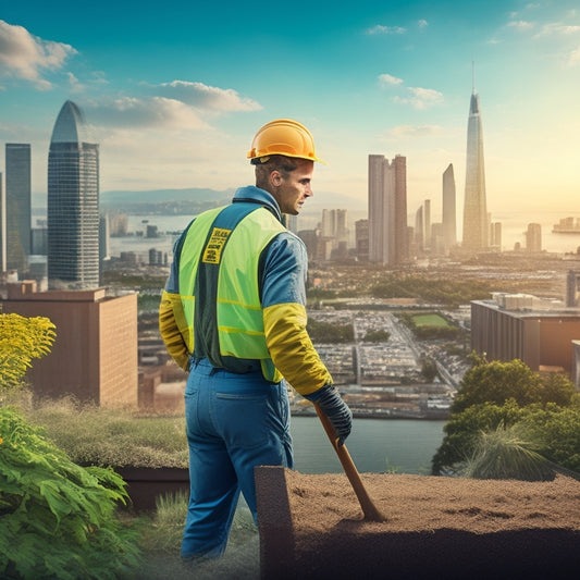 An illustration of a person wearing a hard hat and holding a shovel, standing on a rooftop surrounded by layers of waterproofing membrane, soil, and lush greenery, with a cityscape in the background.