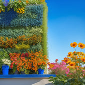 A lush, thriving vertical garden with a trellis system, vibrant green leafy vegetables like kale and spinach, and colorful flowers like marigolds and nasturtiums, set against a bright blue sky with fluffy white clouds.