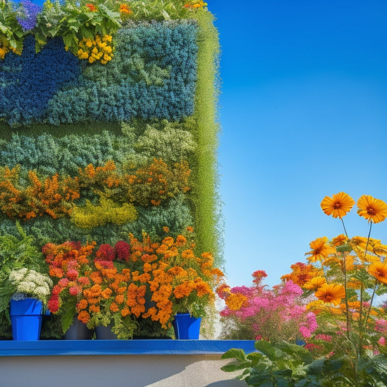 A lush, thriving vertical garden with a trellis system, vibrant green leafy vegetables like kale and spinach, and colorful flowers like marigolds and nasturtiums, set against a bright blue sky with fluffy white clouds.