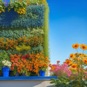 A lush, thriving vertical garden with a trellis system, vibrant green leafy vegetables like kale and spinach, and colorful flowers like marigolds and nasturtiums, set against a bright blue sky with fluffy white clouds.