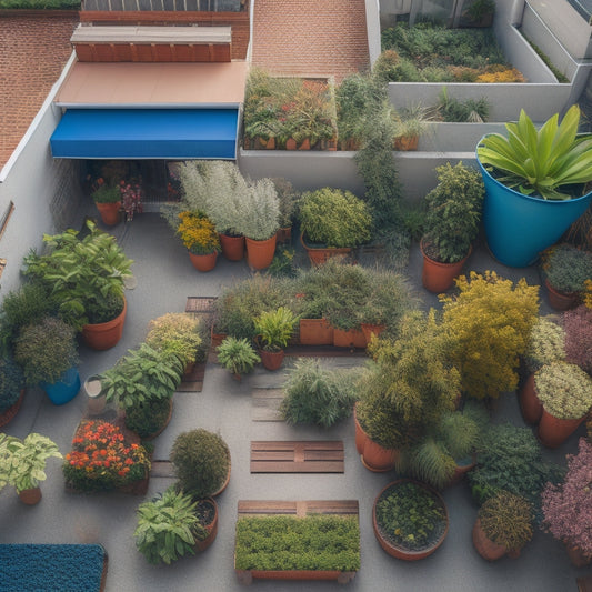 Aerial view of a rooftop garden with variously sized containers in disarray, contrasted with a smaller, neatly organized section featuring a harmonious arrangement of plants and pathways.