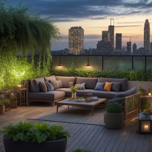 A serene rooftop oasis at dusk, with lush greenery cascading down a wooden trellis, surrounded by sleek modern furniture, and a cityscape twinkling in the background.