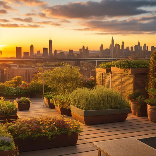 A vibrant rooftop garden with a mix of rectangular planters, hanging baskets, and wooden trellises, amidst a backdrop of a cityscape during sunset with warm golden light.