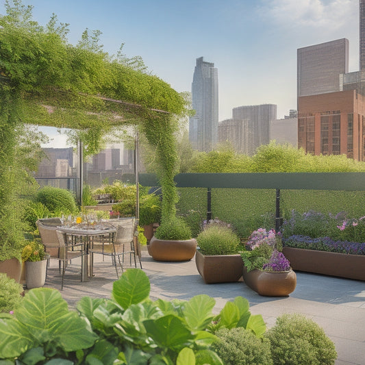 A lush rooftop garden with a mix of leafy greens, vibrant flowers, and trellised vines, set against a backdrop of city skyscrapers, with a wooden pergola and modern outdoor furniture.
