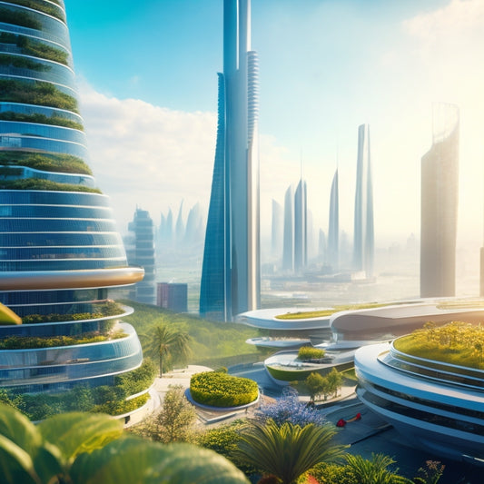 A futuristic cityscape with sleek skyscrapers, one of which has a lush, vibrant rooftop garden overflowing with varied greens, hydroponic systems, and buzzing bees amidst a clear blue sky.