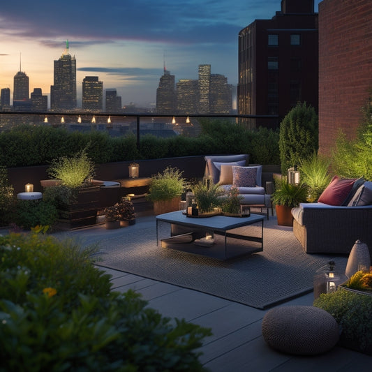 A serene rooftop garden scene at dusk, with lush greenery, vibrant flowers, and a few comfortable lounge chairs, overlooking a breathtaking cityscape with twinkling lights.