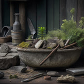 A worn, weathered concrete planter with cracks and moss growth, surrounded by scattered upcycling tools like a hammer, chisel, and wire brush, against a rustic, earthy background.