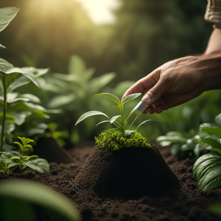 An illustration of a person holding a soil aerator, surrounded by lush green plants in block planters with visible air pockets and roots growing freely, set against a natural outdoor background.