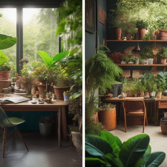 A split-screen image with a before-and-after comparison: a cluttered workspace with scattered DIY materials on the left, and a tidy workspace with a completed planter on the right, surrounded by lush greenery.