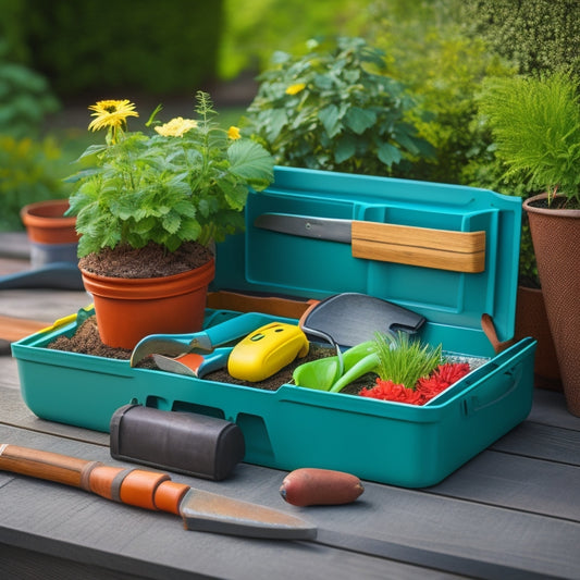 A tidy, well-organized block planter with various gardening tools, such as a trowel, pruners, and cultivator, neatly stored in designated compartments or pockets on the planter's sides or in a built-in tray.