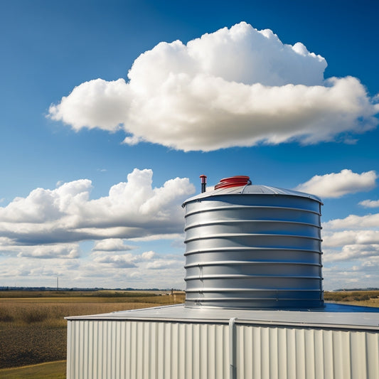 A rooftop rainwater harvesting system installation with a corrugated metal roof, PVC pipes, and a large storage tank, set against a blue sky with fluffy white clouds.