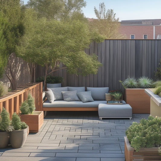 A serene rooftop garden with a small wooden patio, succulents and herbs in modern planters, a compact seating area with a minimalist bench, and a trellis with climbing vines.