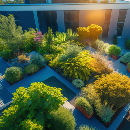 A vibrant, aerial view of a lush rooftop garden, with a variety of thriving plants and flowers, surrounded by sleek, modern hydroponic systems and nutrient-rich solutions, set against a bright blue sky.