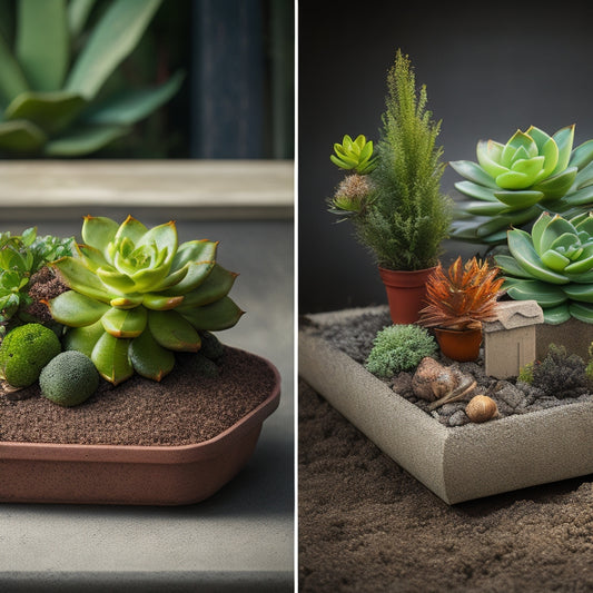 A split-screen image: a concrete planter filled with a lush, green succulent on one side, and a miniature gardening station with various ingredients like perlite, vermiculite, and peat moss on the other.