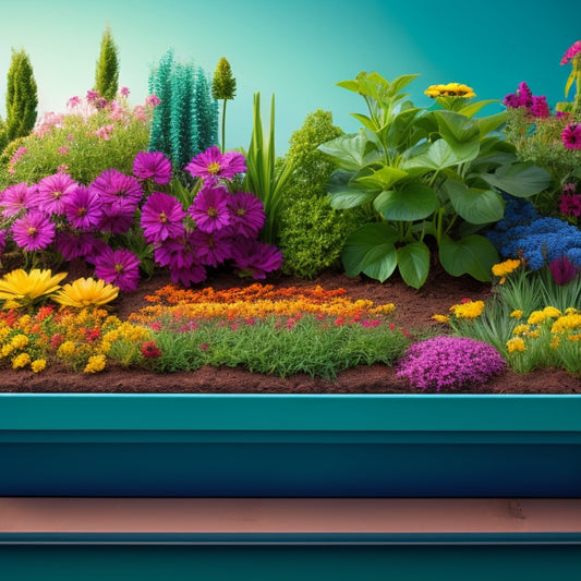 A colorful, overhead illustration of a planter box with a simple irrigation system, featuring a small water reservoir, thin tubes, and tiny droppers watering lush green plants and vibrant flowers.
