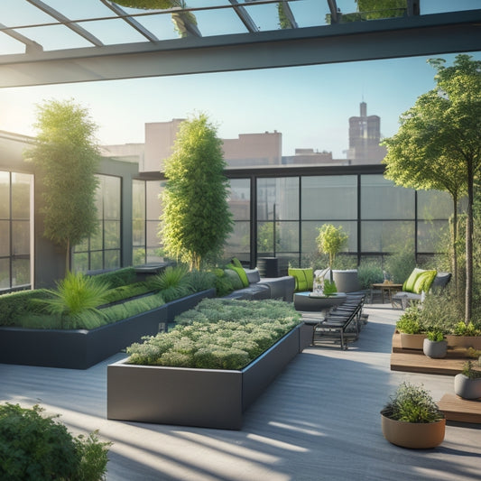 A serene rooftop gym garden with a mix of greenery, sleek equipment, and modern seating, featuring a central jogging path, surrounded by lush planters and a cantilevered pergola.