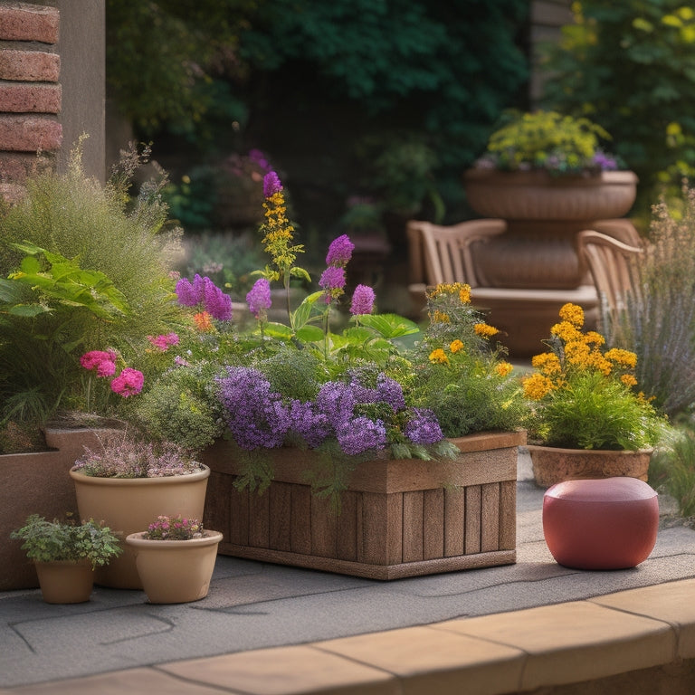 A beautifully styled outdoor setting with a DIY block planter in the center, surrounded by lush greenery and colorful flowers, with various tools and materials scattered around it.