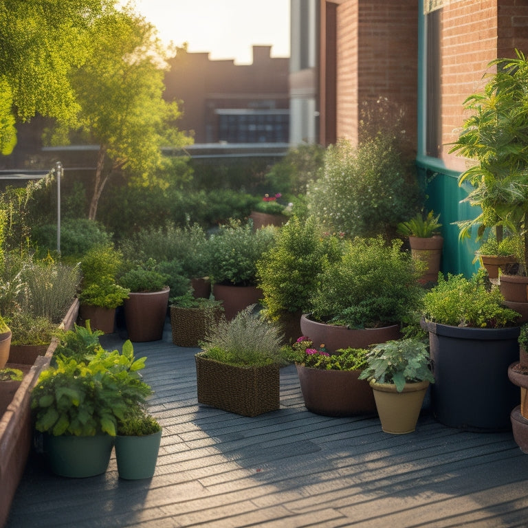 A serene rooftop garden with lush greenery, vibrant flowers, and a few potted plants, surrounded by recycled planters, a trellis made from repurposed wood, and a small solar-powered water feature.