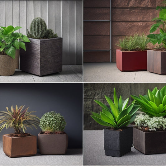 A split-screen comparison of five block planters, each with a different base (wood, metal, concrete, plastic, and stone), showcasing varying textures, colors, and plant arrangements.