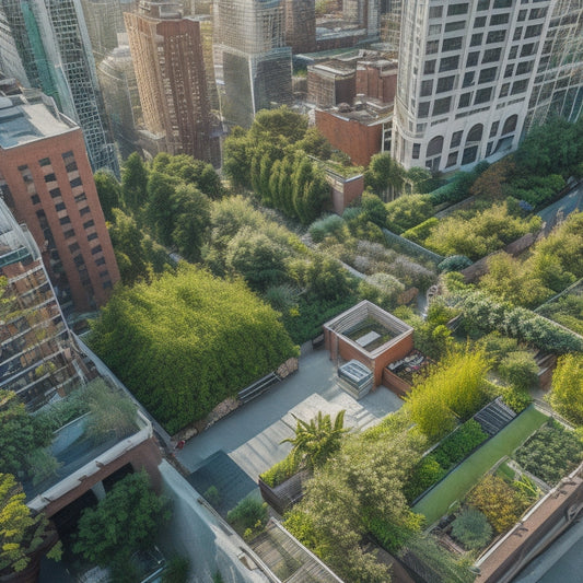 Aerial view of a vibrant, lush rooftop garden in a bustling urban city, with rows of green plants, trellises, and a smart irrigation system amidst a backdrop of skyscrapers and cityscape.