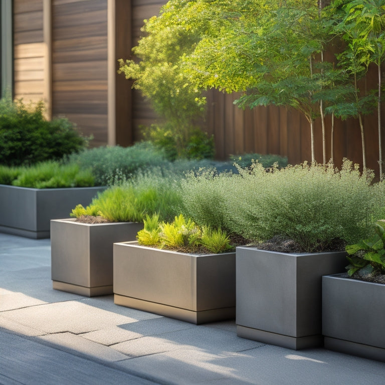 A serene outdoor setting with lush greenery spilling out of modern, sleek concrete planter boxes in varying sizes, surrounded by natural stone pavers and a minimalist wooden bench.