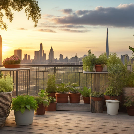 A serene rooftop garden scene with a mix of potted plants, a DIY trellis, and a repurposed wooden crate planter, set against a backdrop of a cityscape during sunset with a few fluffy white clouds.