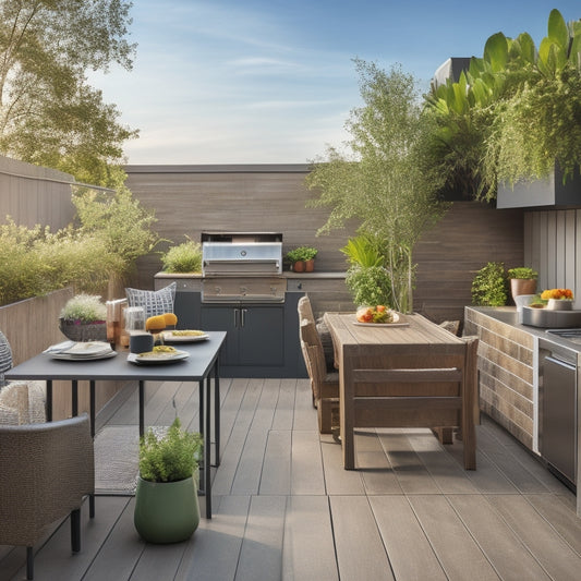 A serene rooftop oasis with lush greenery, a sleek outdoor kitchen with stainless steel appliances, and a dining area with a reclaimed wood table surrounded by modern wicker chairs.