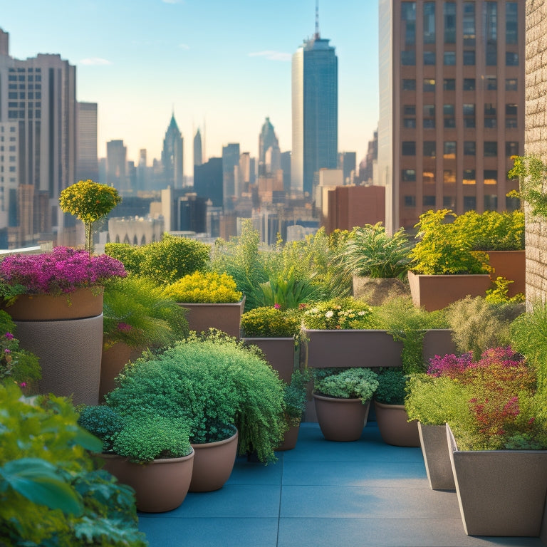 A serene rooftop garden scene with lush greenery, vibrant flowers, and a mix of planters, trellises, and vertical gardens, set against a backdrop of a bustling cityscape with sleek skyscrapers.