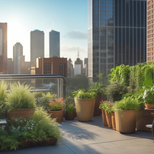 A rooftop garden with a mix of potted plants, vertical green walls, and a trellis, set against a cityscape backdrop with skyscrapers and a sunny blue sky.