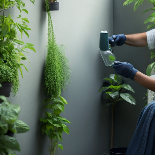 A serene, modern vertical garden with lush green plants and vibrant flowers, against a light-gray concrete wall, showcasing a person gently pouring a fertilizer solution from a small watering can.
