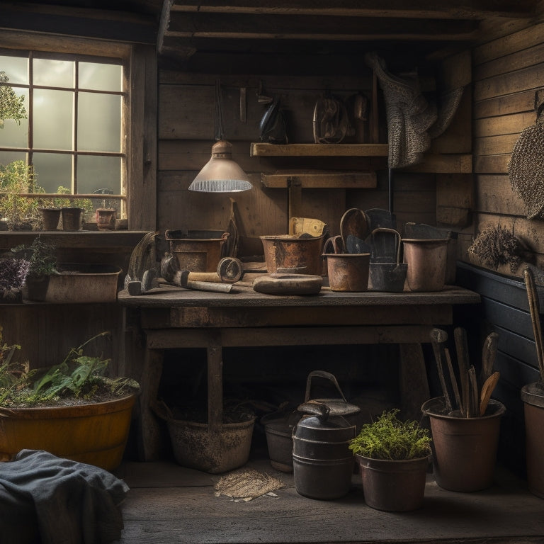 A cluttered, dimly lit gardening shed with rusty, worn-out tools scattered on a wooden workbench, contrasted with a tidy, well-organized corner featuring a set of shiny, high-quality planter tools.