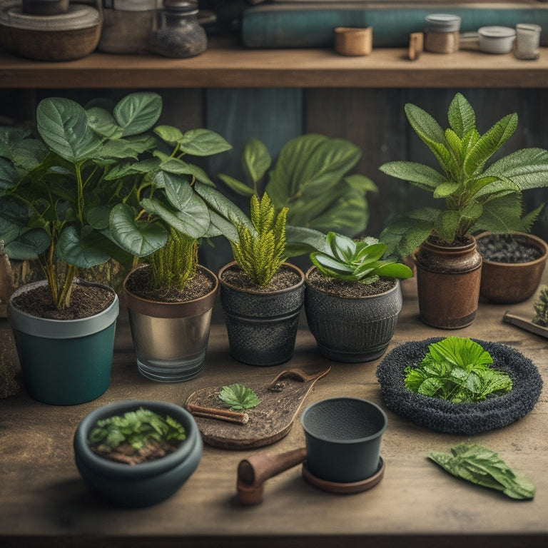 Illustrate a planter overflowing with lush greenery, surrounded by various waterproofing tools, including a waterproofing membrane, silicone sealant, and a drainage system, on a rustic wooden table.