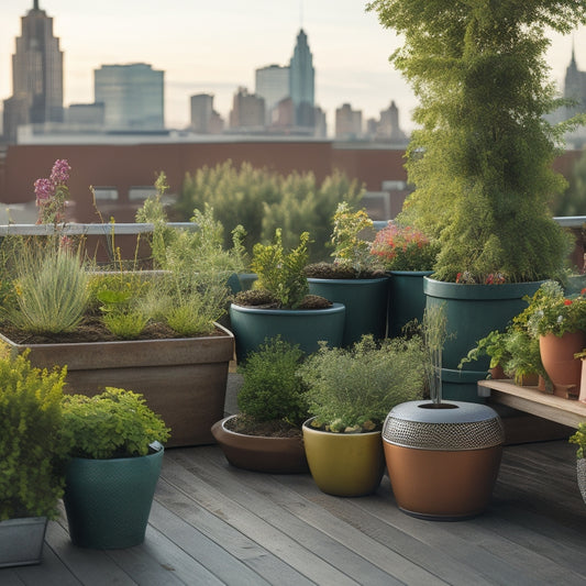 A serene rooftop garden with a mix of wooden planters, galvanized metal tubs, and colorful ceramic pots, overflowing with lush greenery, surrounded by a wooden trellis and a cityscape in the background.