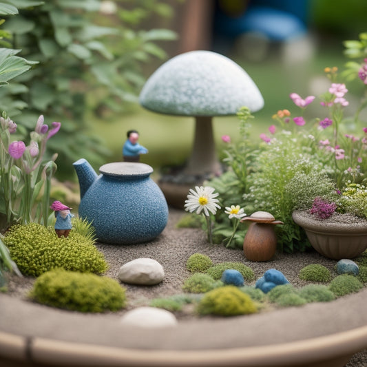 A whimsical, miniature fairy garden scene featuring a collection of unique, handmade concrete planters in various shapes and sizes, surrounded by lush greenery and tiny, delicate flowers.