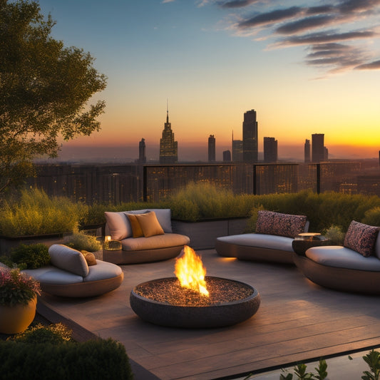 A serene rooftop oasis at sunset, featuring lush greenery, a natural stone fire pit, and sleek outdoor furniture, with a cityscape silhouette in the background, under a warm, golden light.