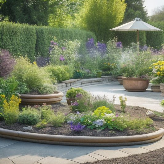 A serene, sun-drenched garden with multiple large concrete planters, surrounded by lush greenery, and a network of discreet irrigation pipes and sprinkler heads, watering a variety of vibrant flowers and plants.