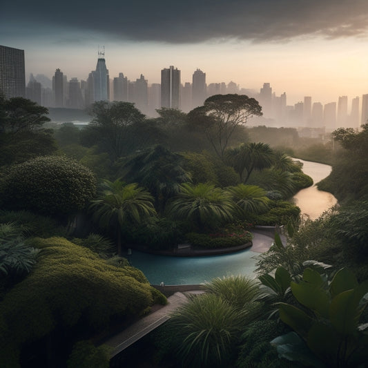 A serene cityscape at dusk, with a lush rooftop garden overflowing with diverse greenery, featuring a subtle waterfall and meandering stream, amidst a backdrop of sleek skyscrapers and misty fog.