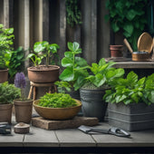 A photograph of a cinder block planter overflowing with lush greenery, surrounded by various high-end gardening tools, with a few blocks and tools scattered around a weathered wooden table in the background.