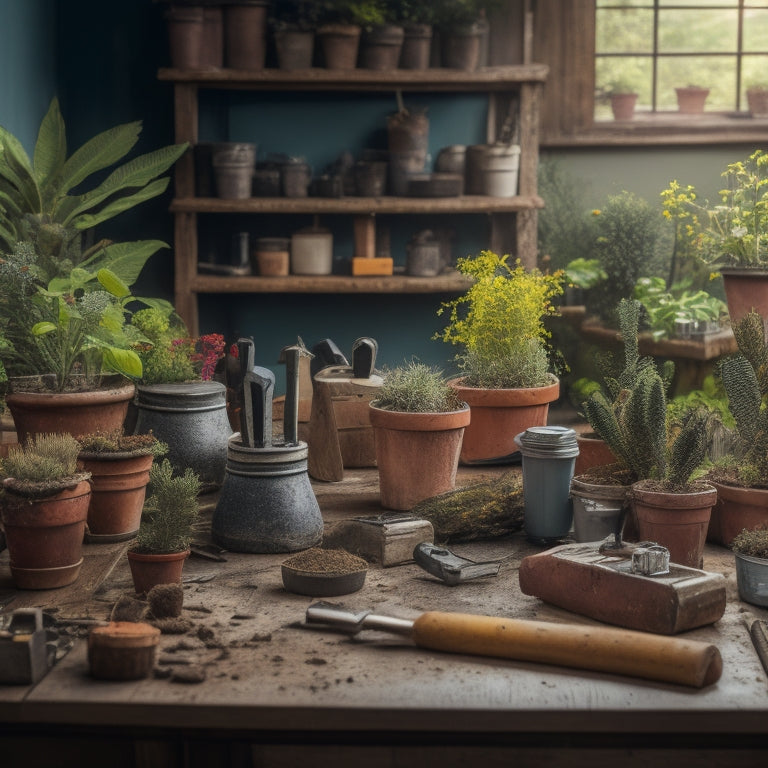 A cluttered workshop table with various DIY tools, including a drill, level, and hammer, surrounded by small potted plants, wooden planters, and scattered gardening gloves.