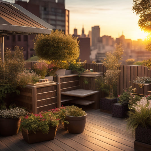 A small, lush rooftop garden with a miniature wooden trellis, overflowing flower boxes, and a compact seating area, set against a backdrop of a bustling cityscape at sunset.